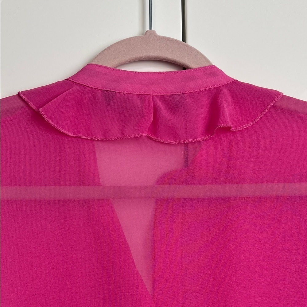 ZARA Fuchsia Ruffle Sleeve Blouse Mandarin Collar Pearl Buttons, Size M - Picture 9 of 11
